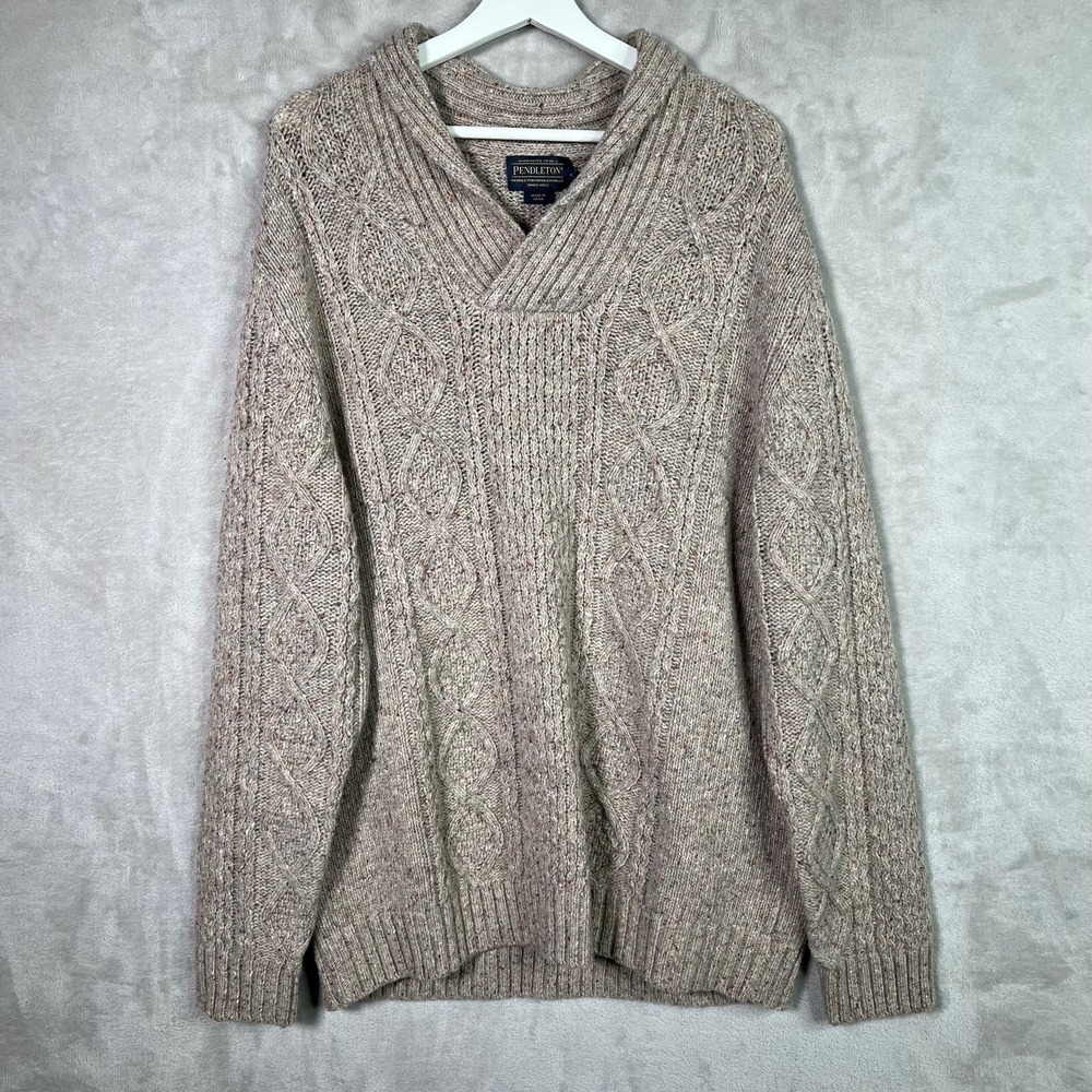Pendleton Cable Knit‎ Sweater Shawl Collar Lambs Wool XL Beige Chunky